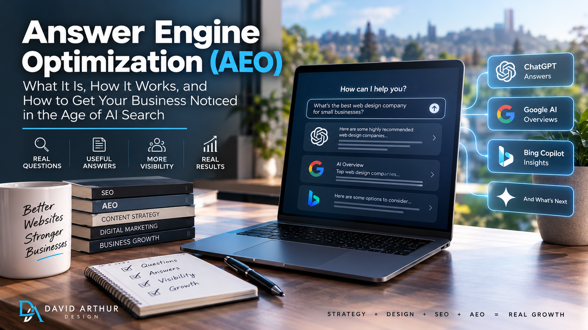 Answer Engine Optimization (AEO) illustration showing a laptop with AI search answers from ChatGPT, Google AI Overviews, and Bing Copilot.
