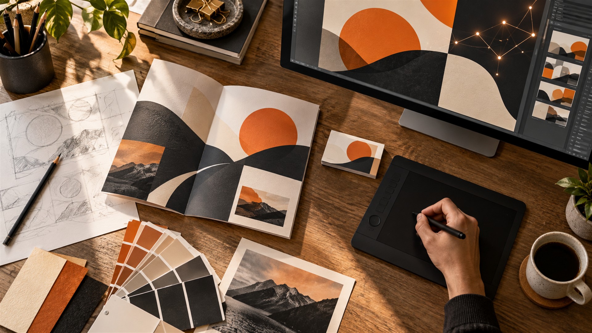 Designer using a pen tablet beside coordinated digital artwork, printed brochures, business cards, and color swatches.